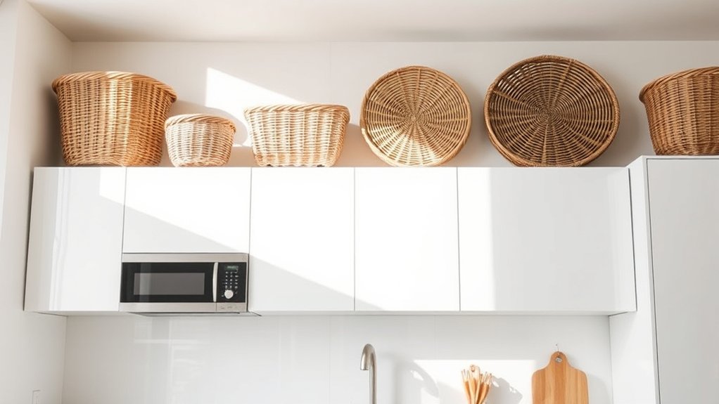 decorative baskets above cabinets
